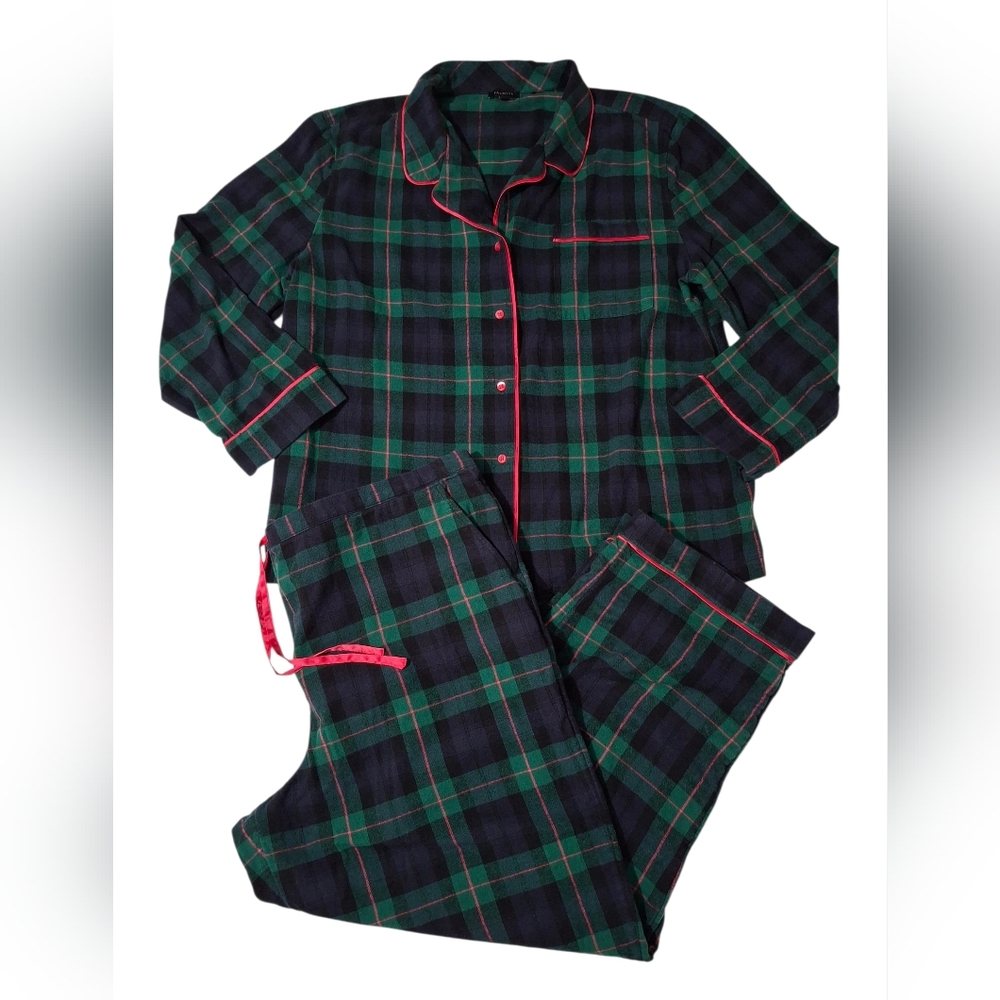 Talbots Women Black Watch Plaid Cotton Flannel Sleep Set Green Navy Pink Size XL